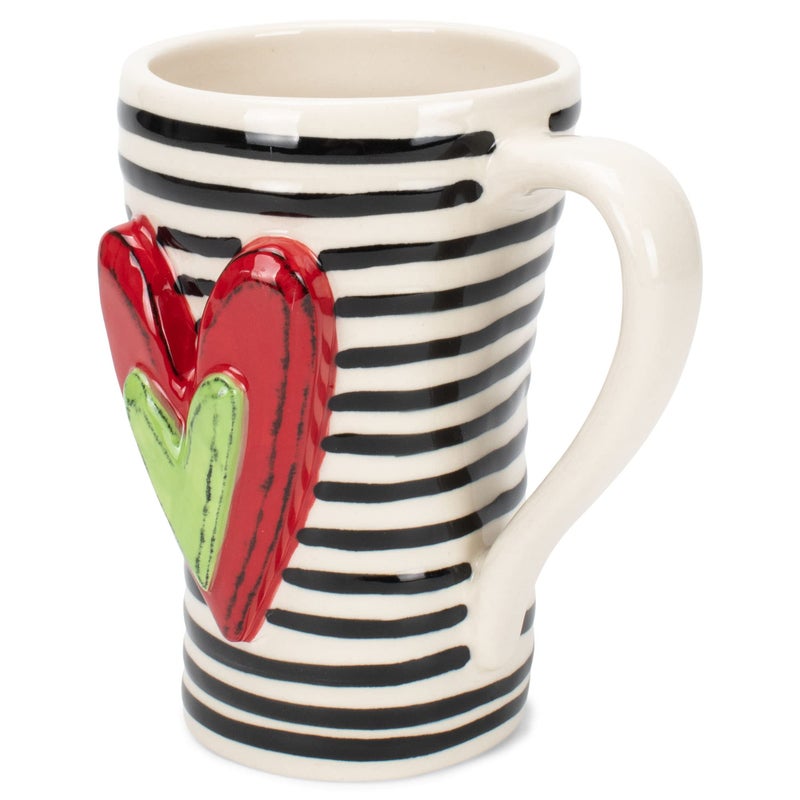 DEMDACO Tracy Pesche Black Stripes Heart Red Green White 15 Ounce Glossy Stoneware Mug With Handle - Image 2